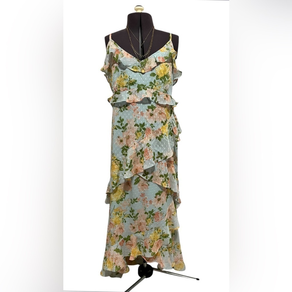 By The River Blossom In Time Blue Multi Floral Ruffle Tiered Midi Dress Size L - Picture 12 of 14